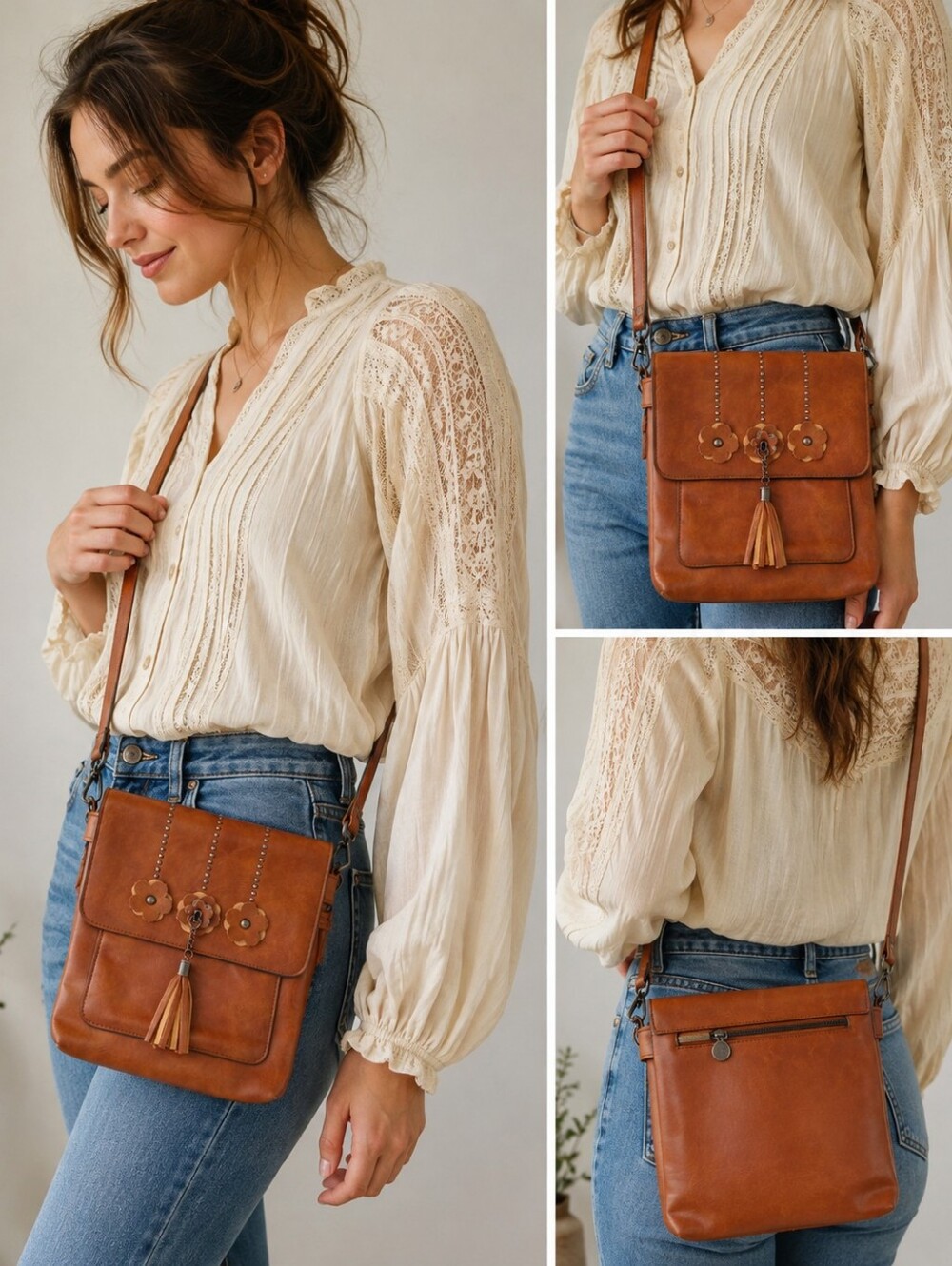 Boho Cognac Brown Floral Crossbody Bag Tassel Studded Adjustable Strap